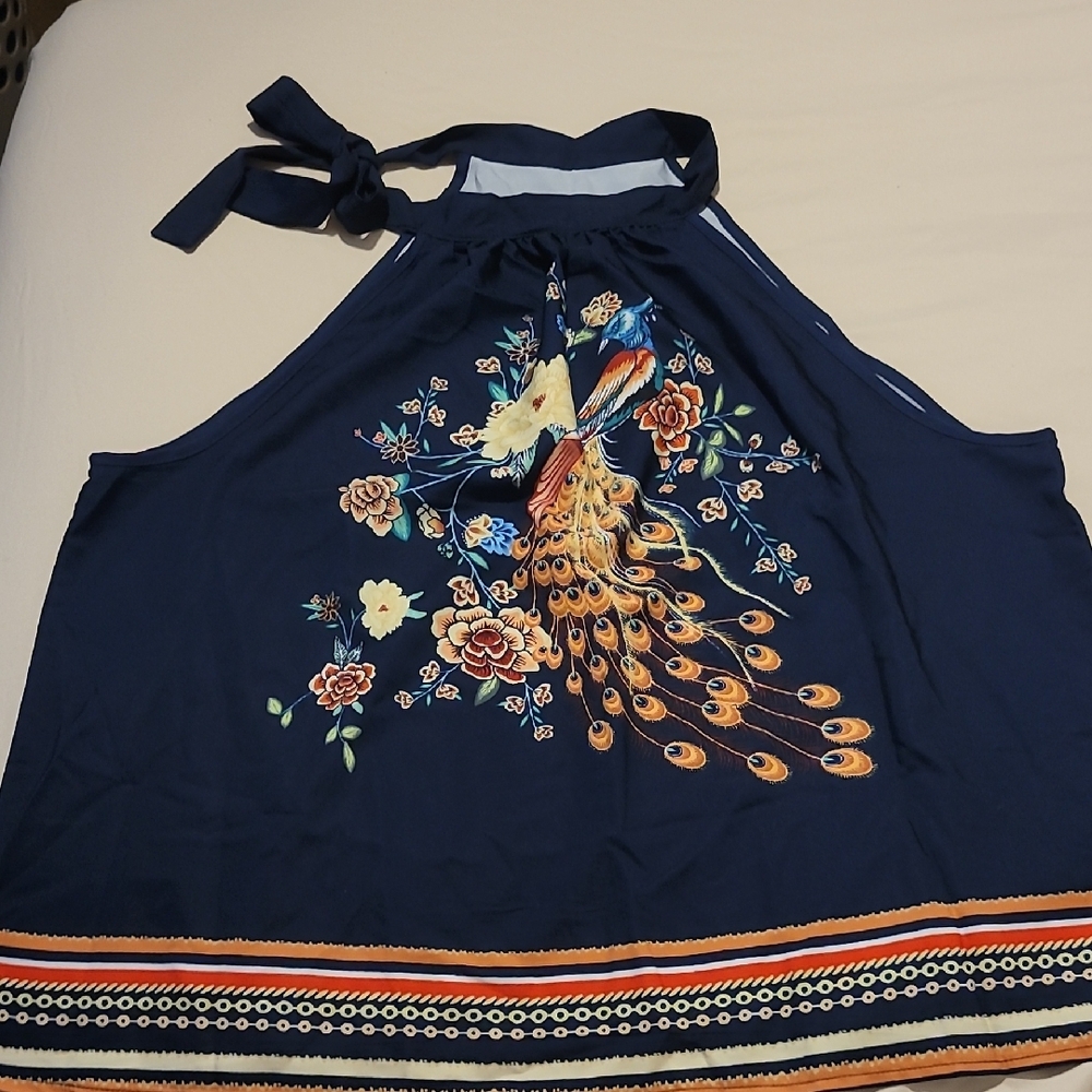 2pc SET Navy Blue Peacock Print Halter Top & Matching Shorts.